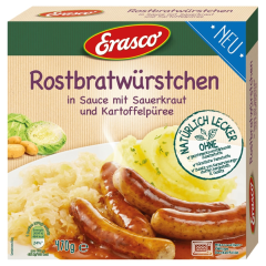 Erasco Rostbratwürstchen in Sauce mit Sauerkraut und Kartoffelpüree