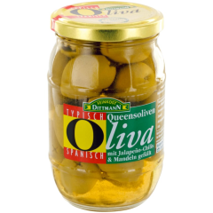 Feinkost Dittmann Oliva Queens-Oliven gefüllt mit Mandeln und Jalapeño-Chilis