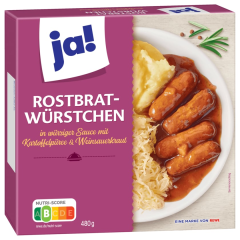 ja! Rostbratwürstchen in würziger Sauce mit Kartoffelpüree und Weinsauerkraut