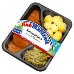 Esser Rinderbraten in Sauce mit Bohnen und Salzkartoffeln