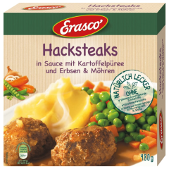 Erasco Hacksteaks in Sauce mit Kartoffelpüree und Erbsen und Möhren